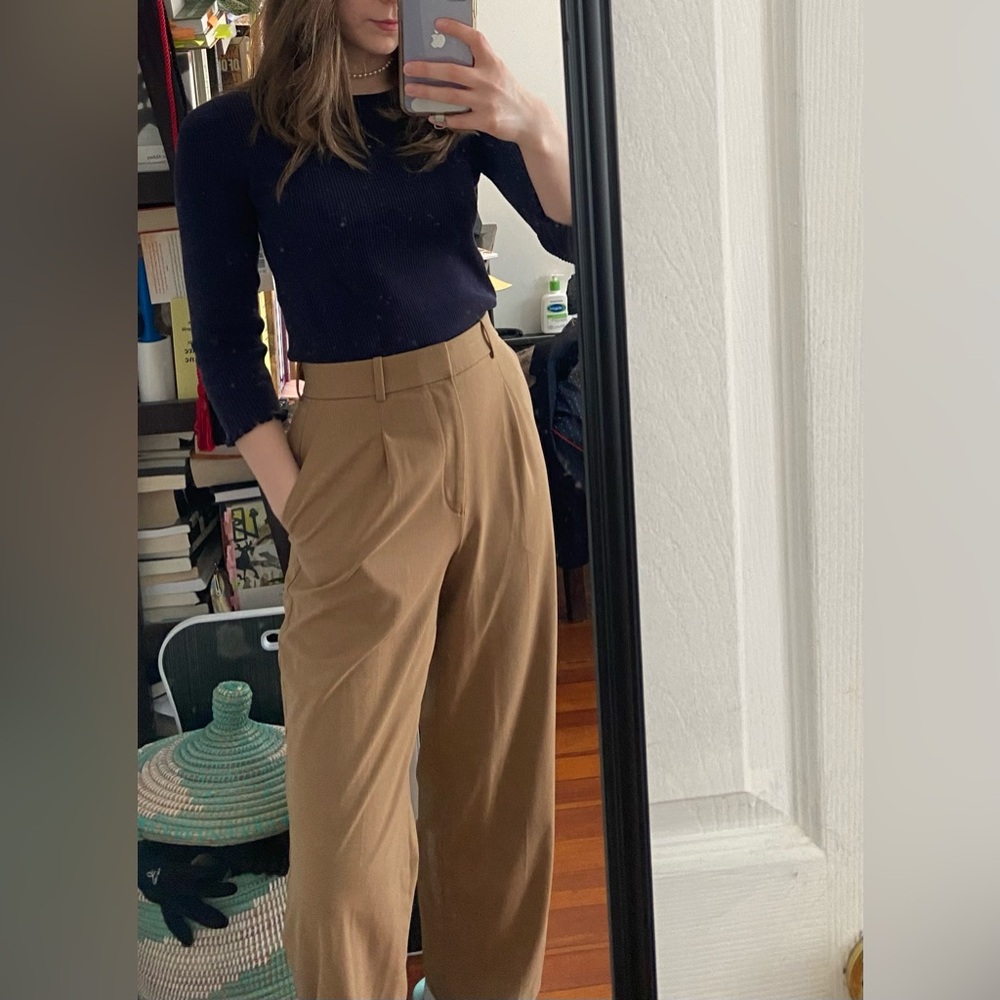 Uniqlo High Waisted Wide Leg Tan Trousers